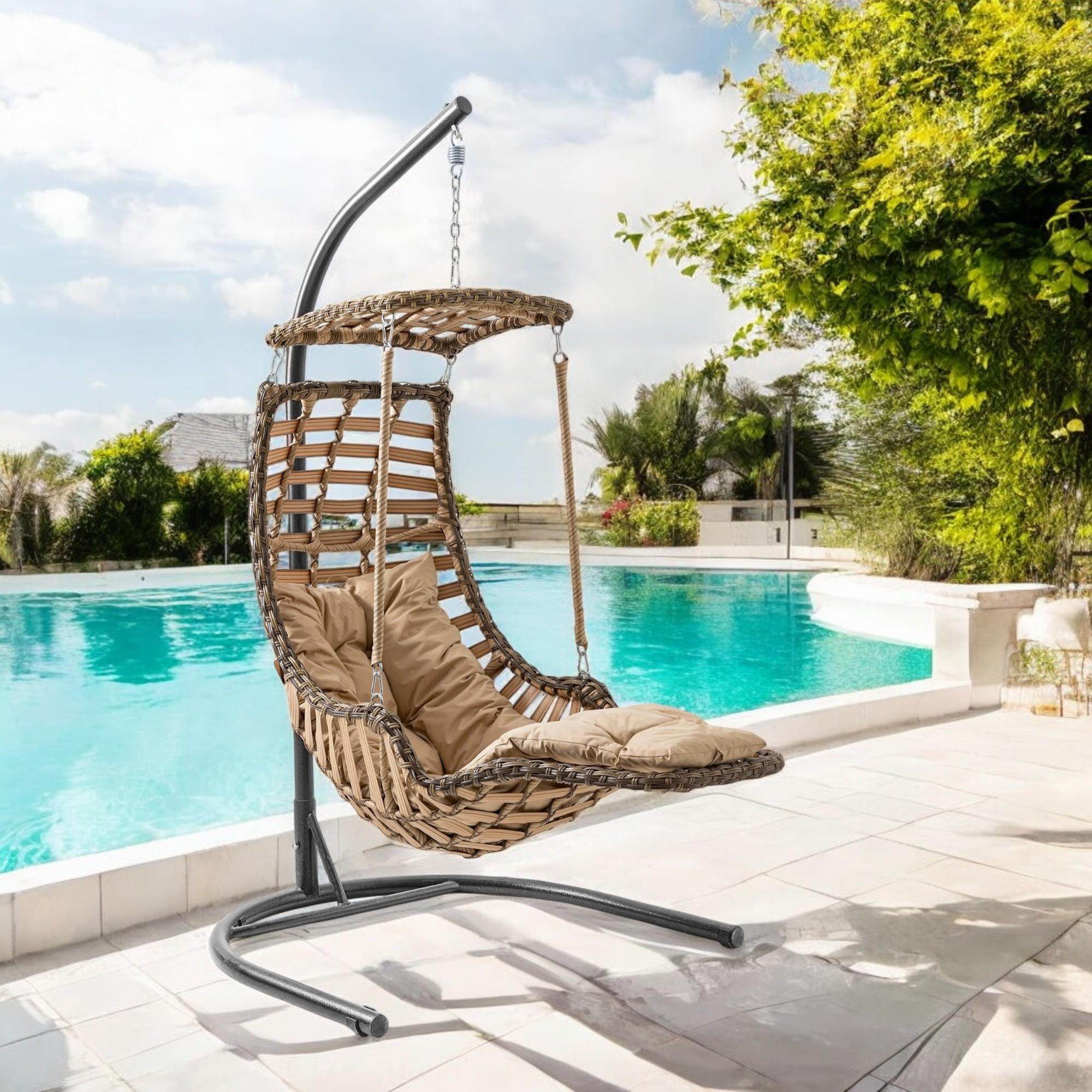 Alacati Plus Hängesessel mit Gestell – Handgefertigt, Rattan, Sonnendach & Fußablage