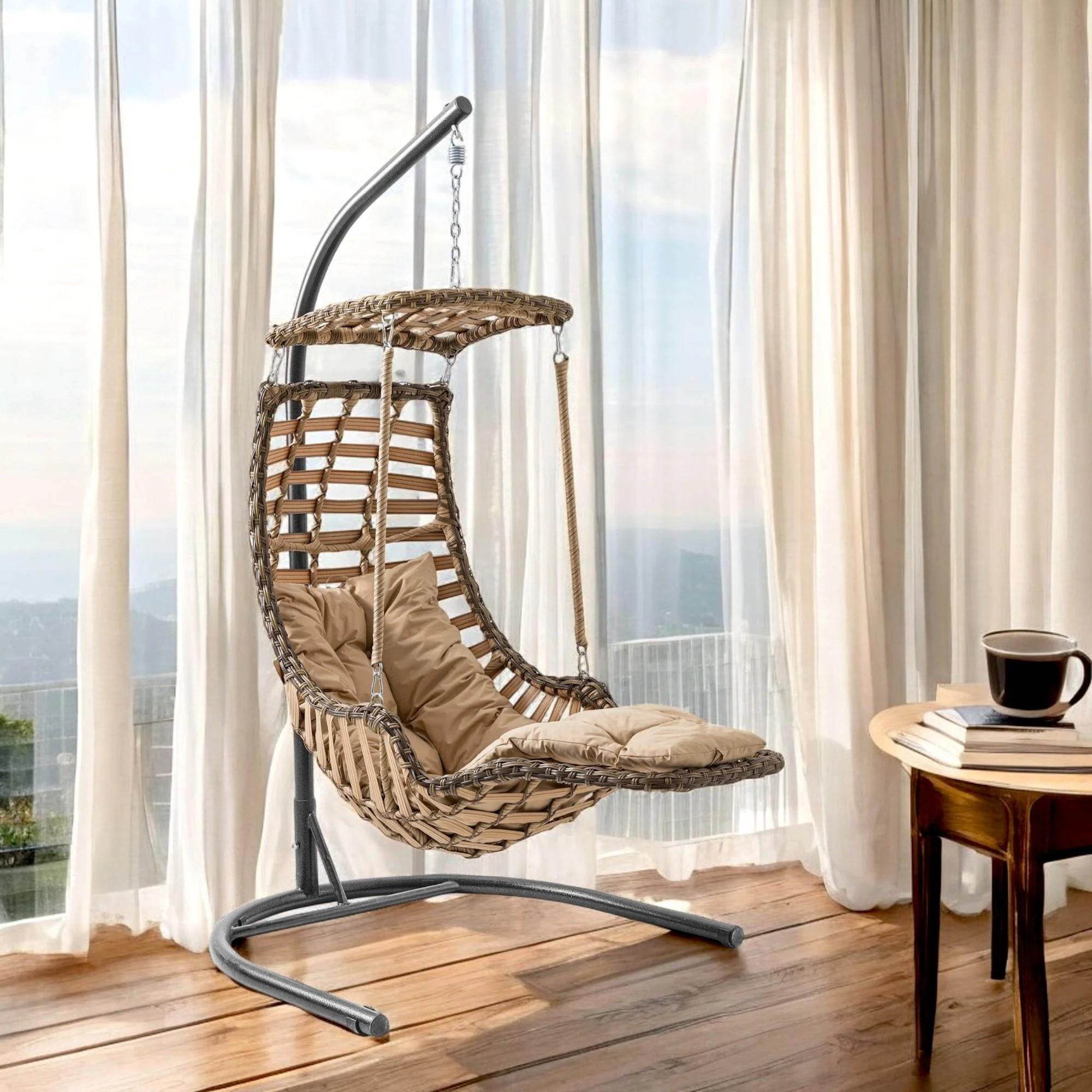 Alacati Plus Hängesessel mit Gestell – Handgefertigt, Rattan, Sonnendach & Fußablage