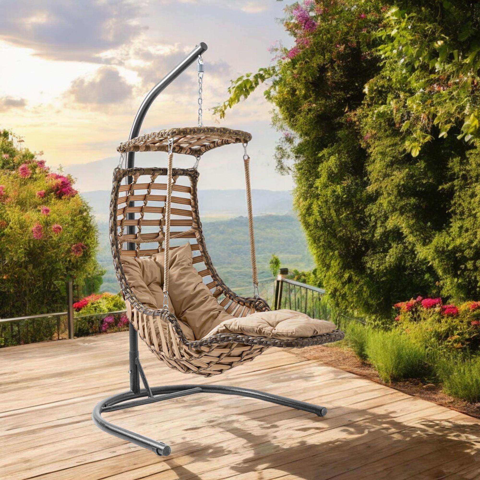 Alacati Plus Hängesessel mit Gestell – Handgefertigt, Rattan, Sonnendach & Fußablage