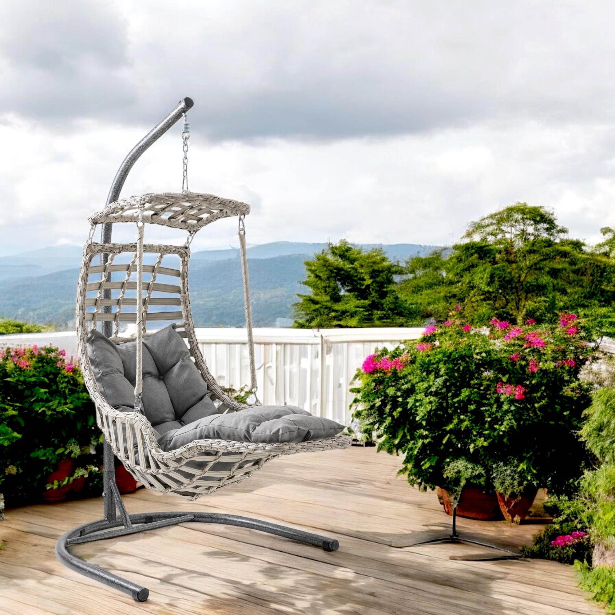 Alacati Plus Hängesessel mit Gestell – Handgefertigt, Rattan, Sonnendach & Fußablage