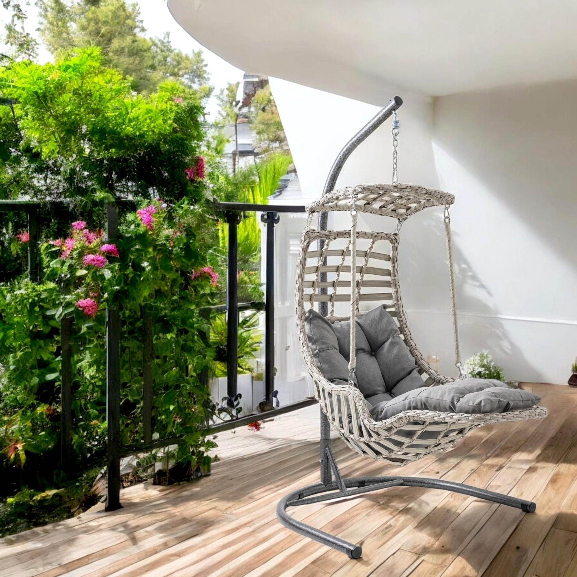 Alacati Plus Hängesessel mit Gestell – Handgefertigt, Rattan, Sonnendach & Fußablage