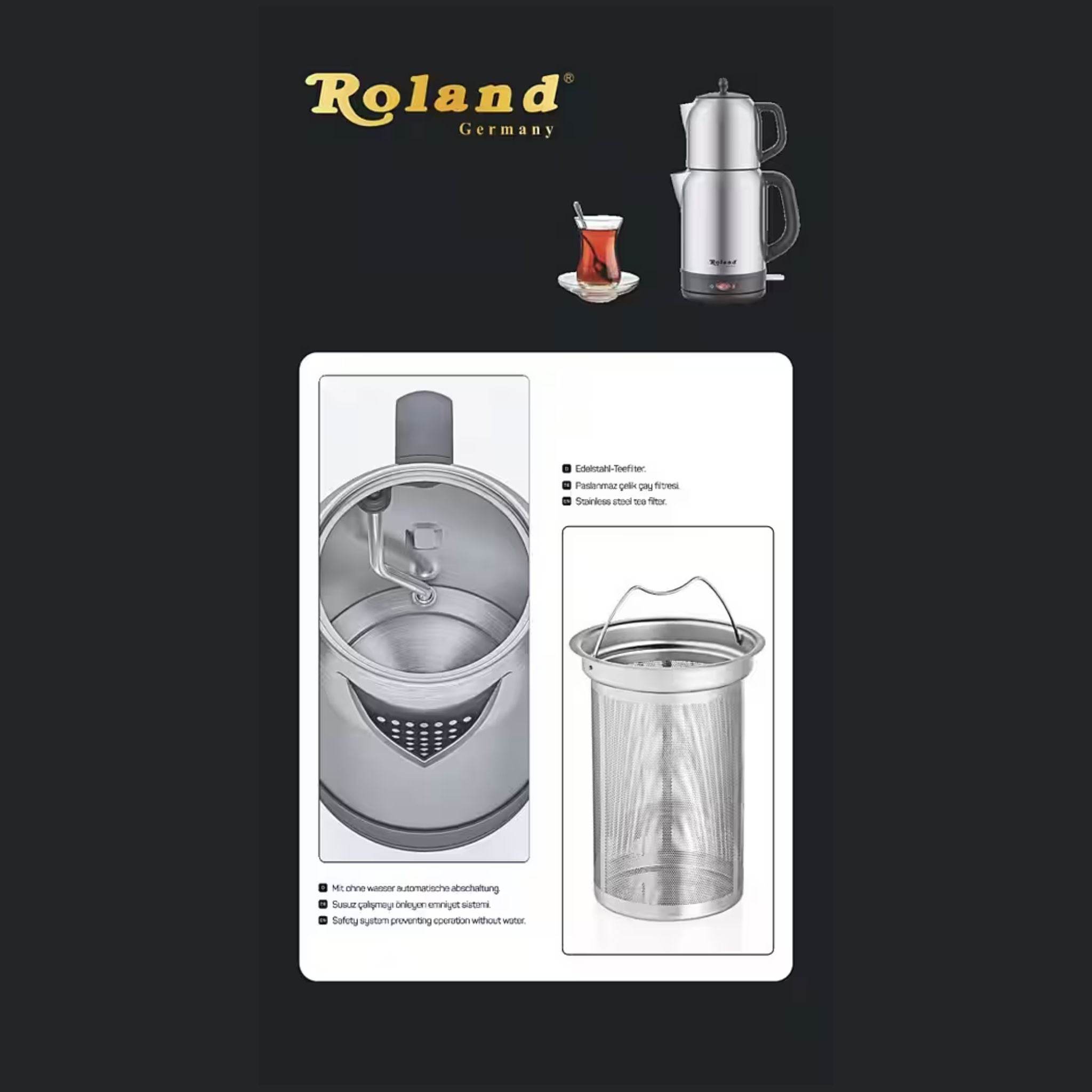 Roland Germany Wasser-/Teekocher 1,7L + 1L – 2200W Edelstahl Teemaschine mit Teesieb