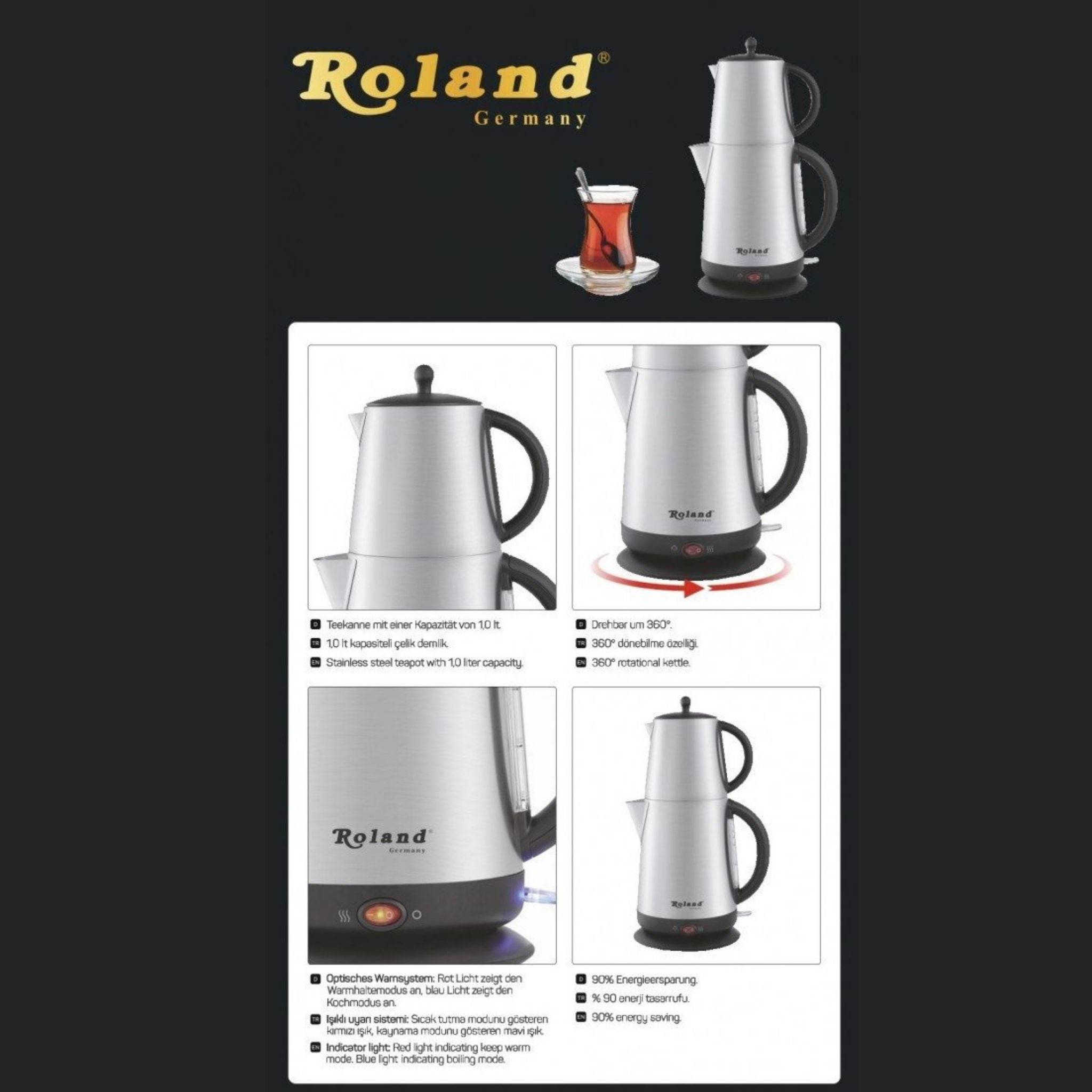 Roland Germany Wasser-/Teekocher 1,7L + 1L – 2200W Edelstahl Teemaschine mit Teesieb