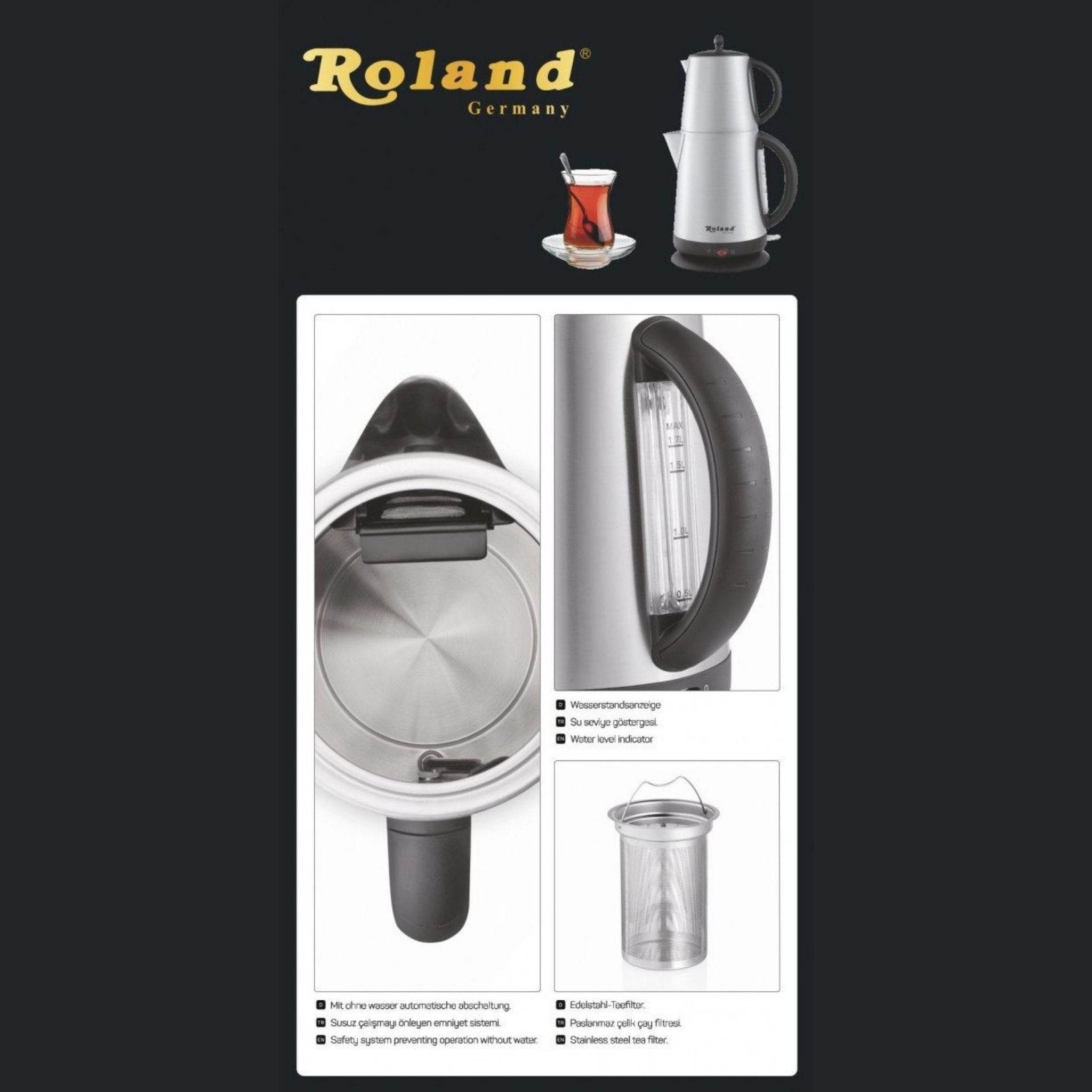 Roland Germany Wasser-/Teekocher 1,7L + 1L – 2200W Edelstahl Teemaschine mit Teesieb