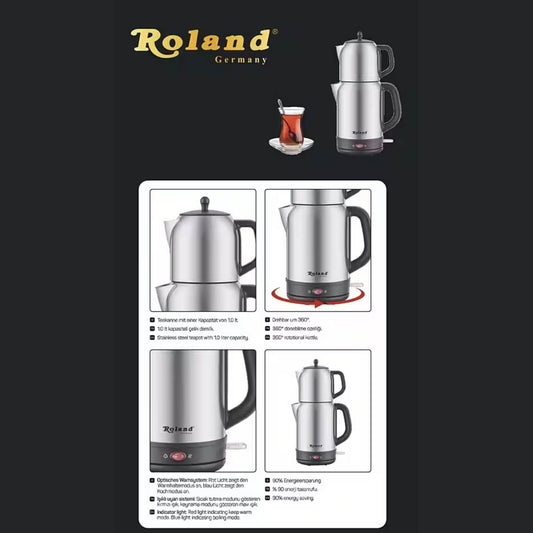 Roland Germany Wasser-/Teekocher 1,7L + 1L – 2200W Edelstahl Teemaschine mit Teesieb