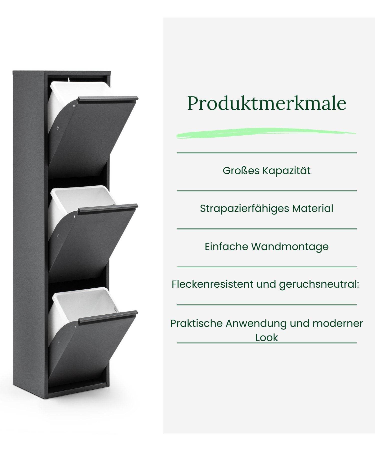 Gowoll Mülleimer Küche aus Fleckenfest Biomülleimer Wandmontage Abfalleimer Mülltrennsysteme Küchenmülleimer mit Herausnehmbarer Inneneimer Recycling system (3 x 15 L Anthrazit)