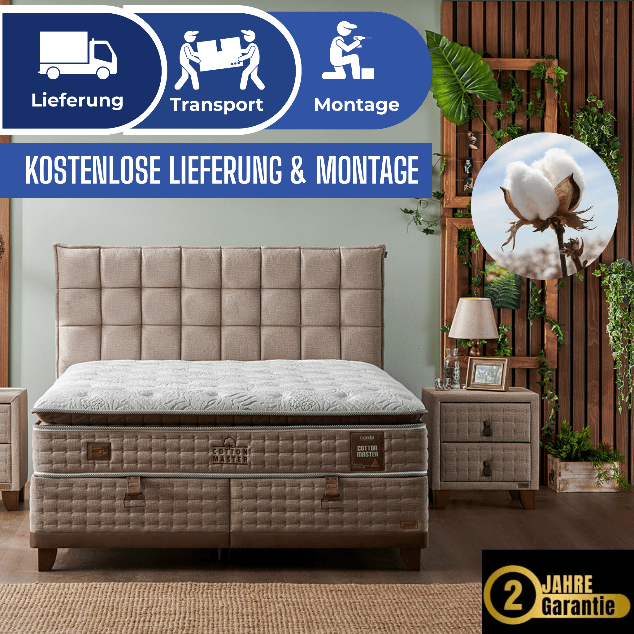 Bambi Cotton Master Boxspringbett Schlafzimmer Set mit 9 Schichten mit Topper Höhe 32 cm Matratze