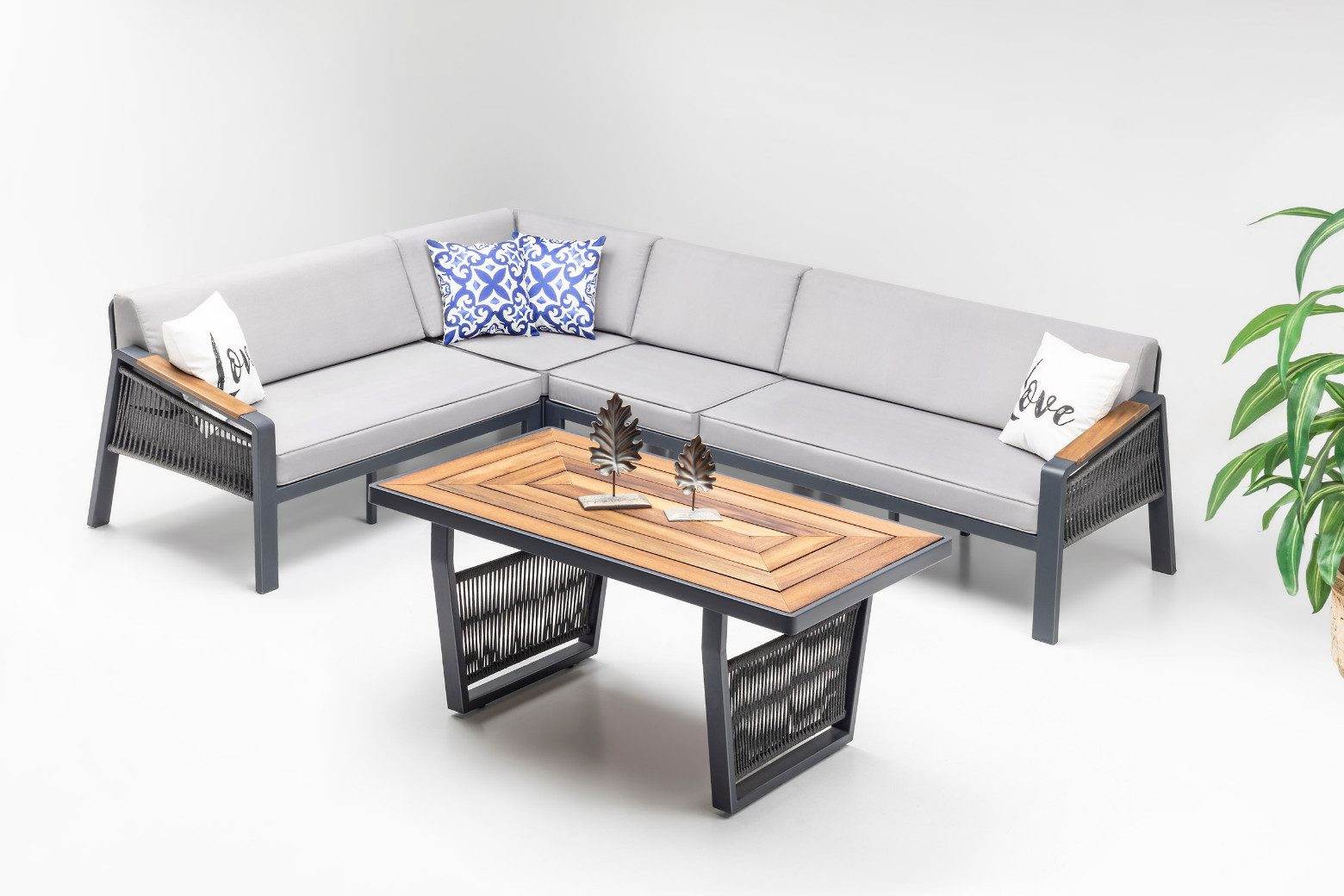 Gowoll Mykonos Plus Tisch Gartenlounge-Set Premium Ecklounge mit Wetterfest (Sitz und Rückenkissen, Tisch mit 2x3 Sitzer und 2xStuhl)