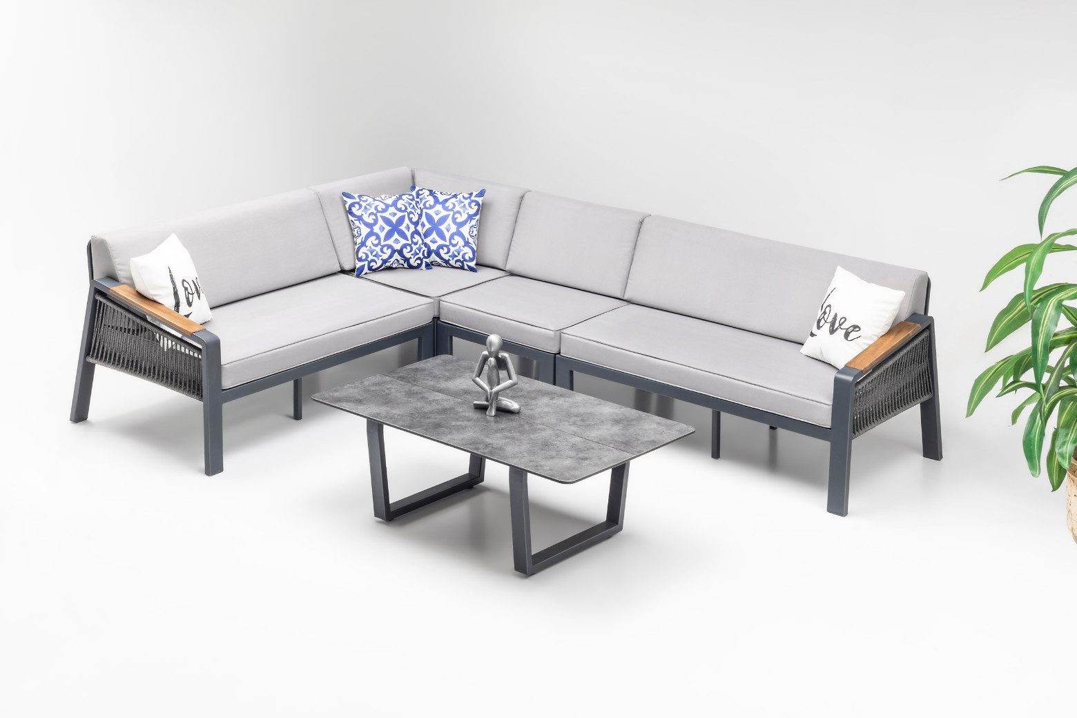 Gowoll Mykonos Plus Tisch Gartenlounge-Set Premium Ecklounge mit Wetterfest (Sitz und Rückenkissen, Tisch mit 2x3 Sitzer und 2xStuhl)