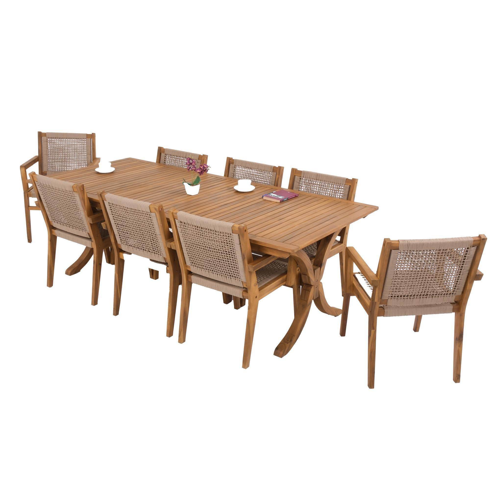 Fiume Gartenmöbel Set für 8 Personen – Akazienholz Tisch 230x100 cm & Rope-Stühle – Gowoll Essgruppe Outdoor