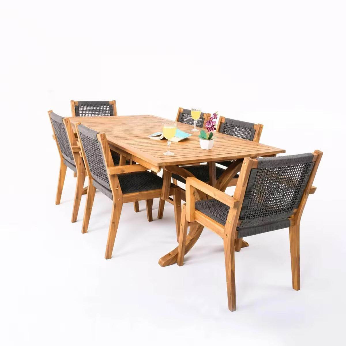 Fiume Gartenmöbel Set für 6 Personen – Akazienholz Esstisch 200x100 cm mit Stühlen – Gowoll Outdoor Essgruppe