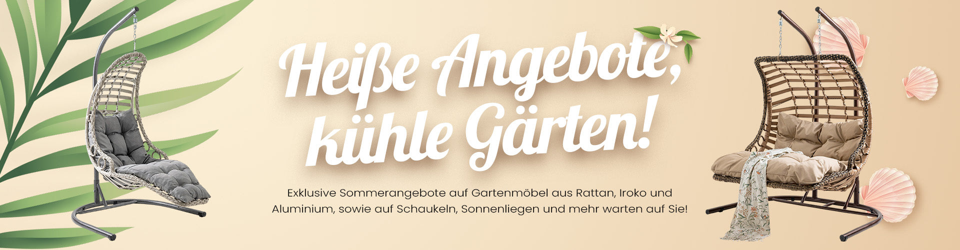 Heiße Sommerangebote auf Gartenmöbel aus Rattan, Iroko und Aluminium – stilvolle Hängesessel für Balkon und Garten von Gowoll.