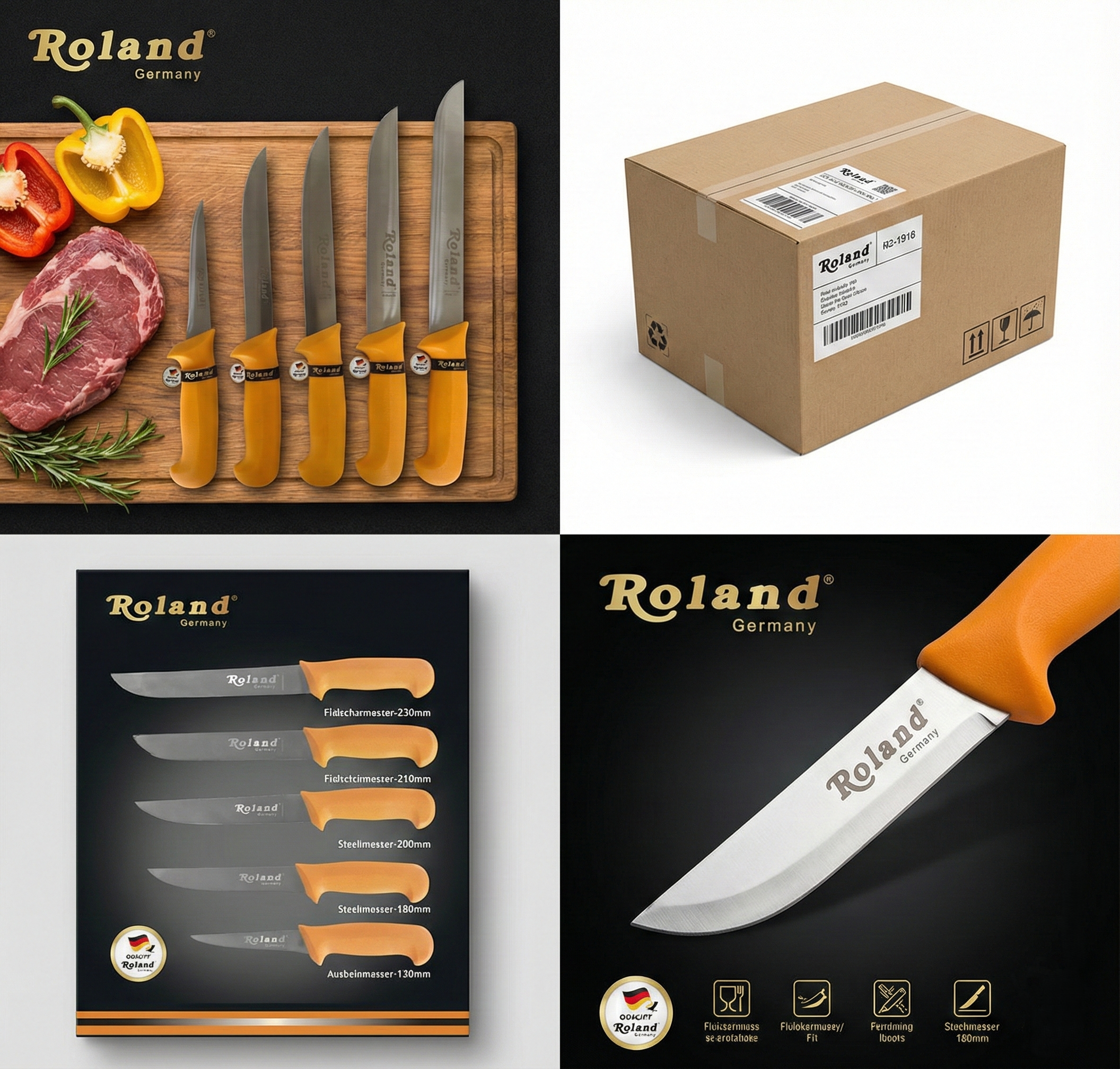 Roland Germany 5-teiliges Edelstahl Küchenmesser-Set – Profi Messer Set mit rutschfestem Griff