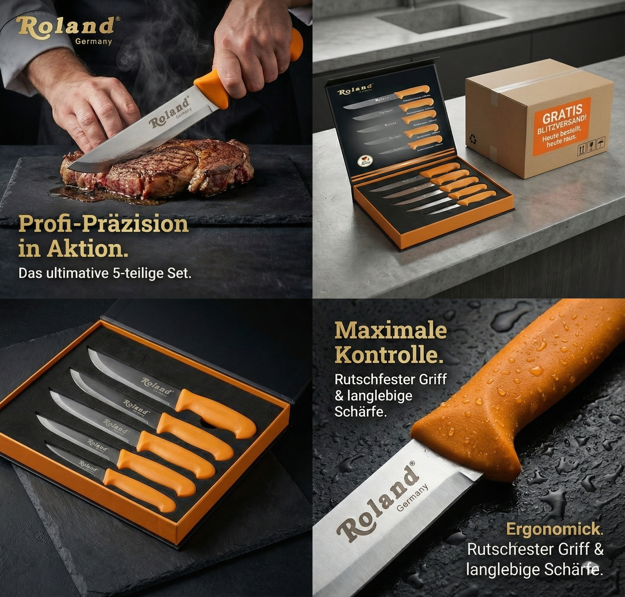 Roland Germany 5-teiliges Edelstahl Küchenmesser-Set – Profi Messer Set mit rutschfestem Griff