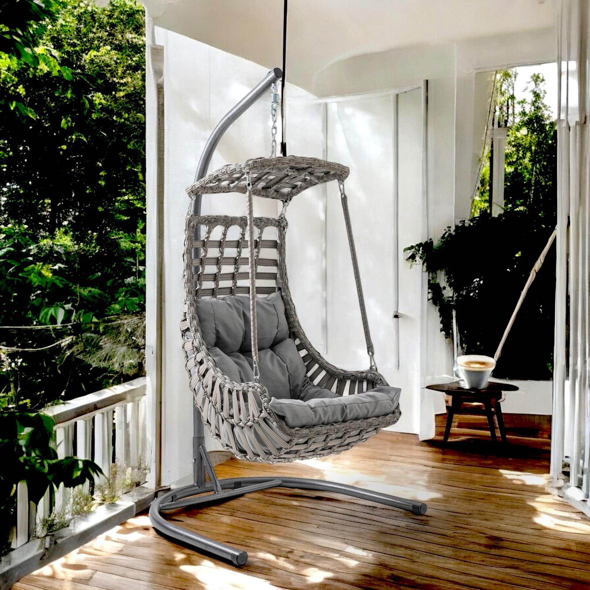 Rattan Hängesessel mit Gestell | Grau | Alacati Einzelschaukel für Garten, Balkon & Wintergarten