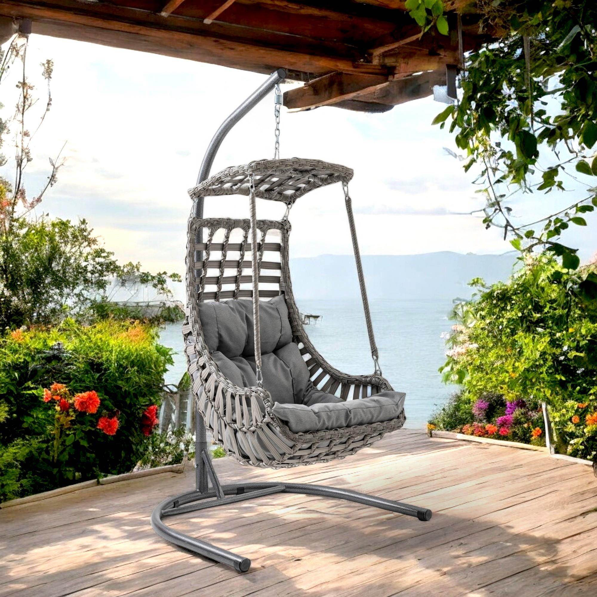 Rattan Hängesessel mit Gestell | Grau | Alacati Einzelschaukel für Garten, Balkon & Wintergarten