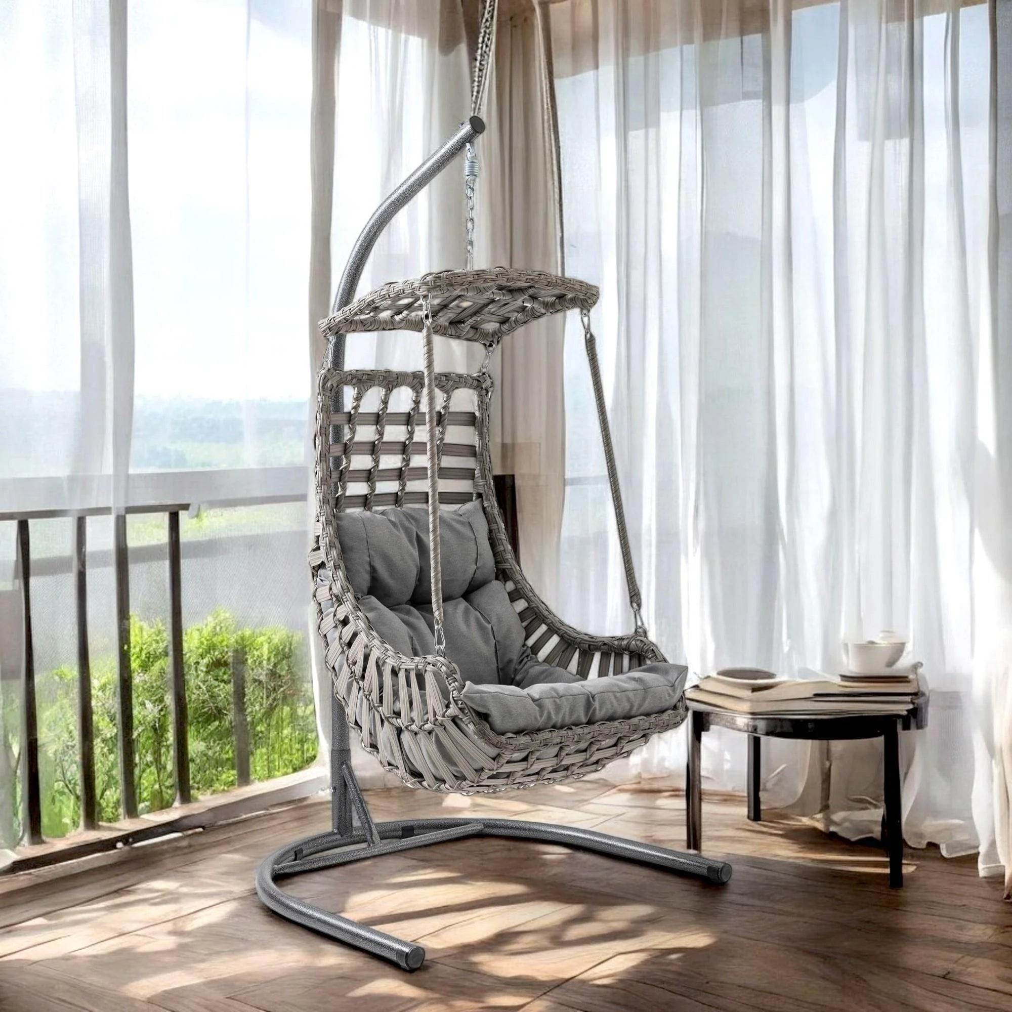 Rattan Hängesessel mit Gestell | Grau | Alacati Einzelschaukel für Garten, Balkon & Wintergarten