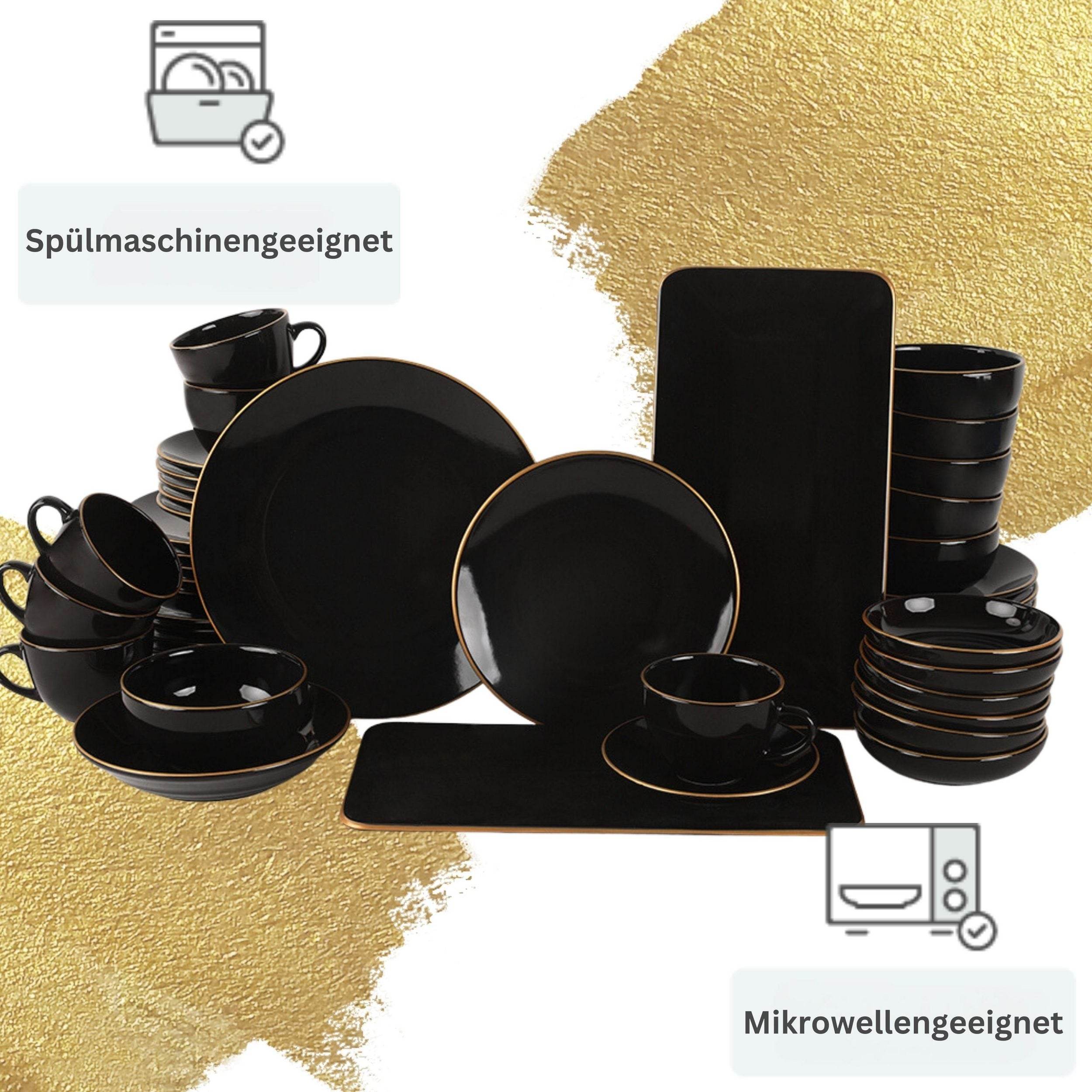 Gowoll Tafelservice Kombigeschirr Geschirrset mit Kaffeeset Keramik GOLDLINE 44-tlg