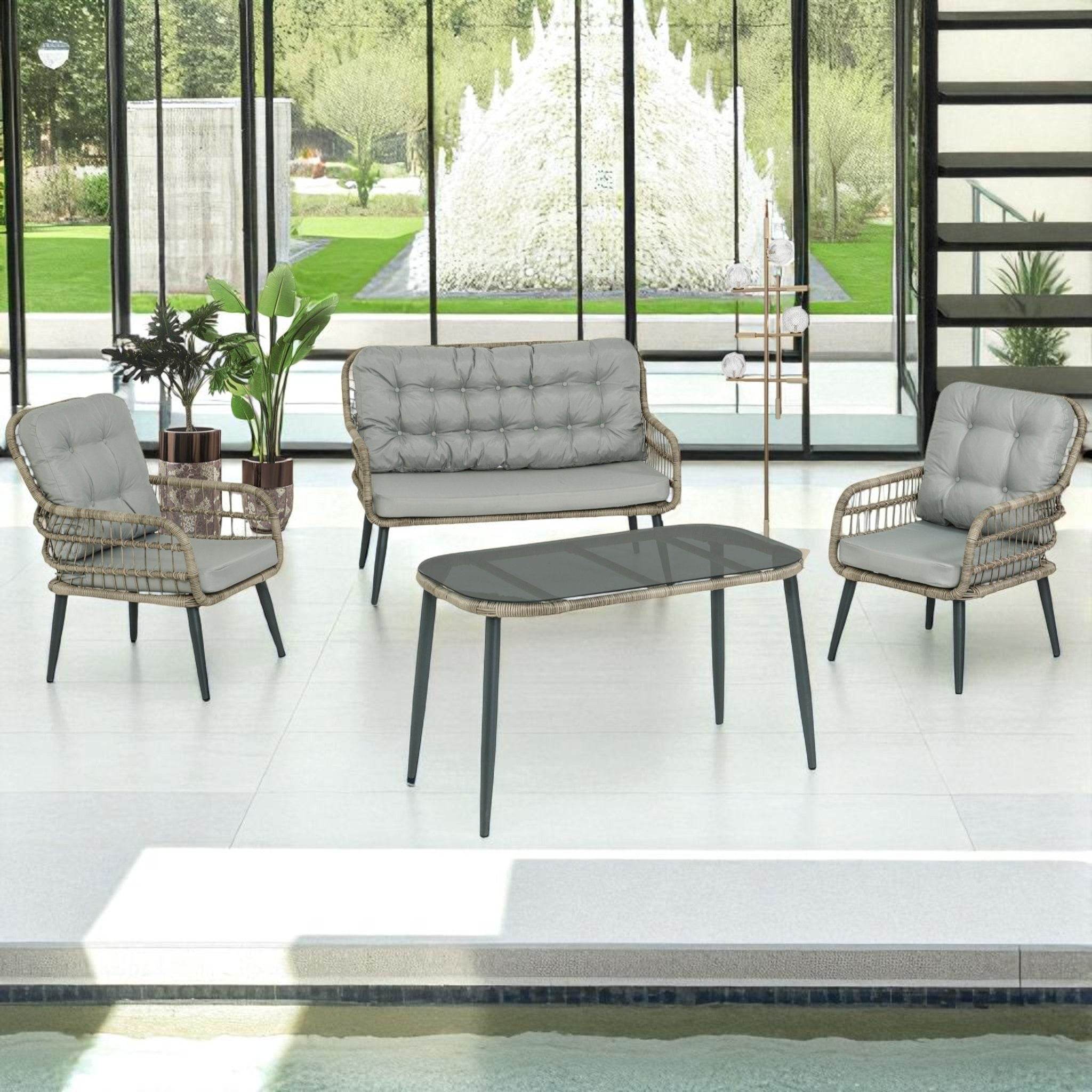 Pisa Double Gartenlounge-Set Rattan Lounge Gartenmöbel Set 4 Personen Bistroset mit Stühle