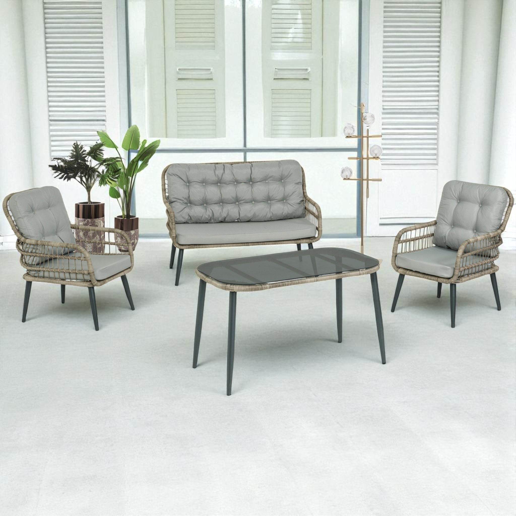 Pisa Double Gartenlounge-Set Rattan Lounge Gartenmöbel Set 4 Personen Bistroset mit Stühle