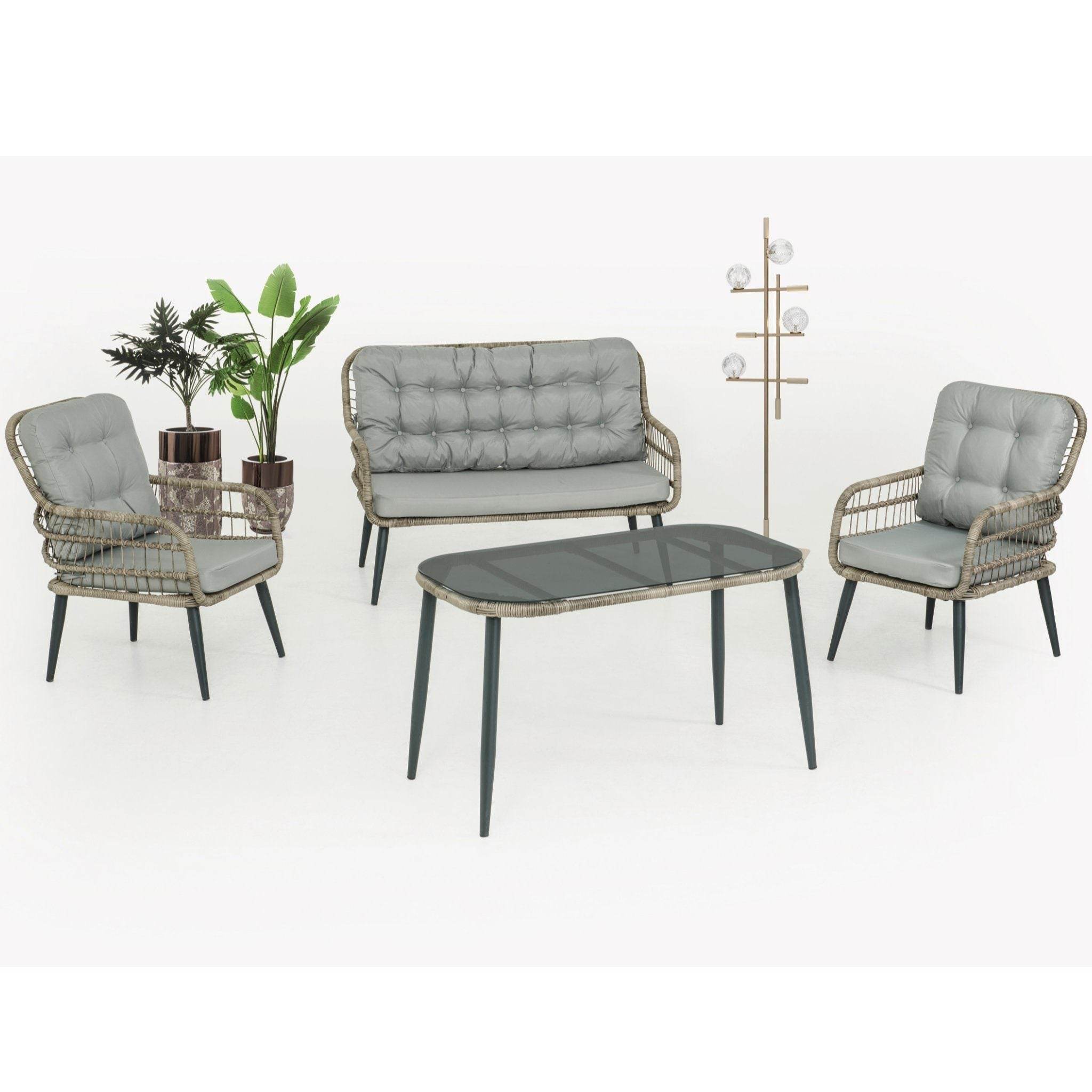 Pisa Double Gartenlounge-Set Rattan Lounge Gartenmöbel Set 4 Personen Bistroset mit Stühle