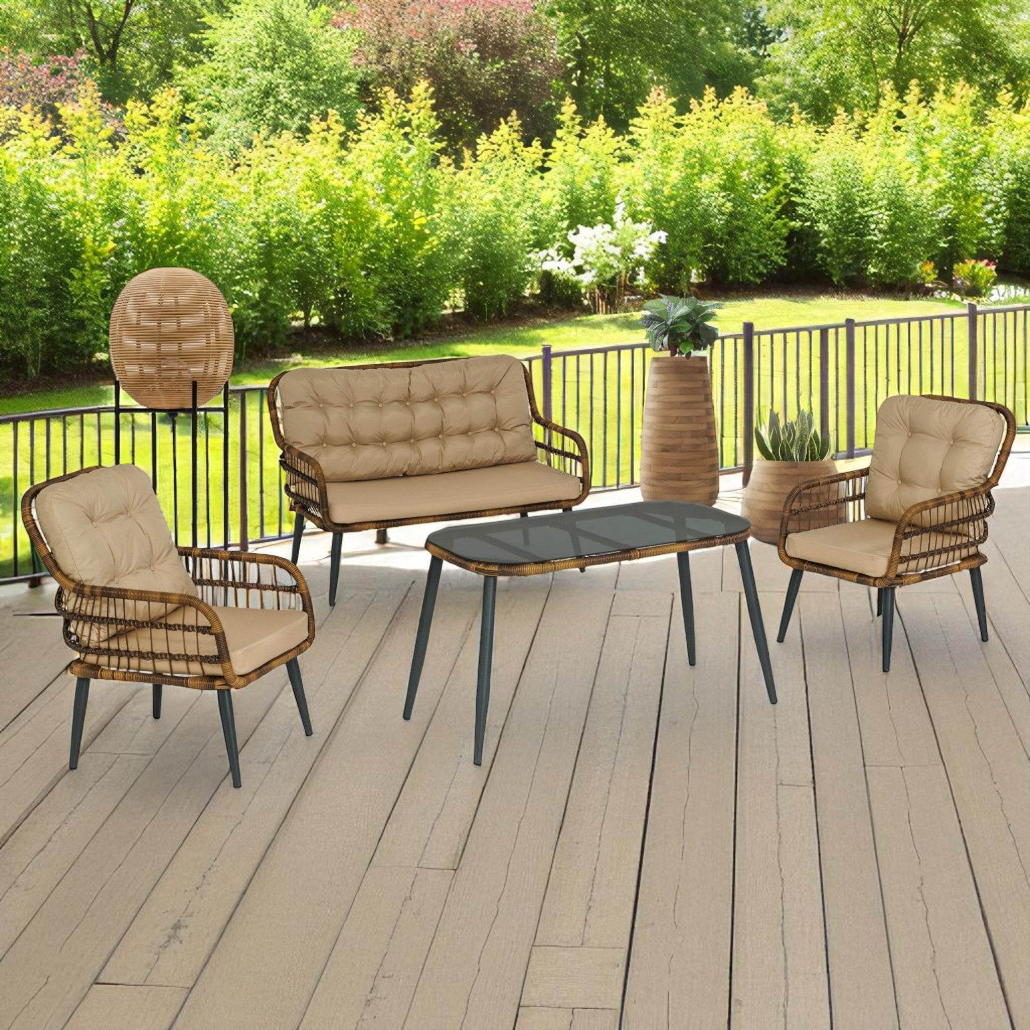 Pisa Double Gartenlounge-Set Rattan Lounge Gartenmöbel Set 4 Personen Bistroset mit Stühle