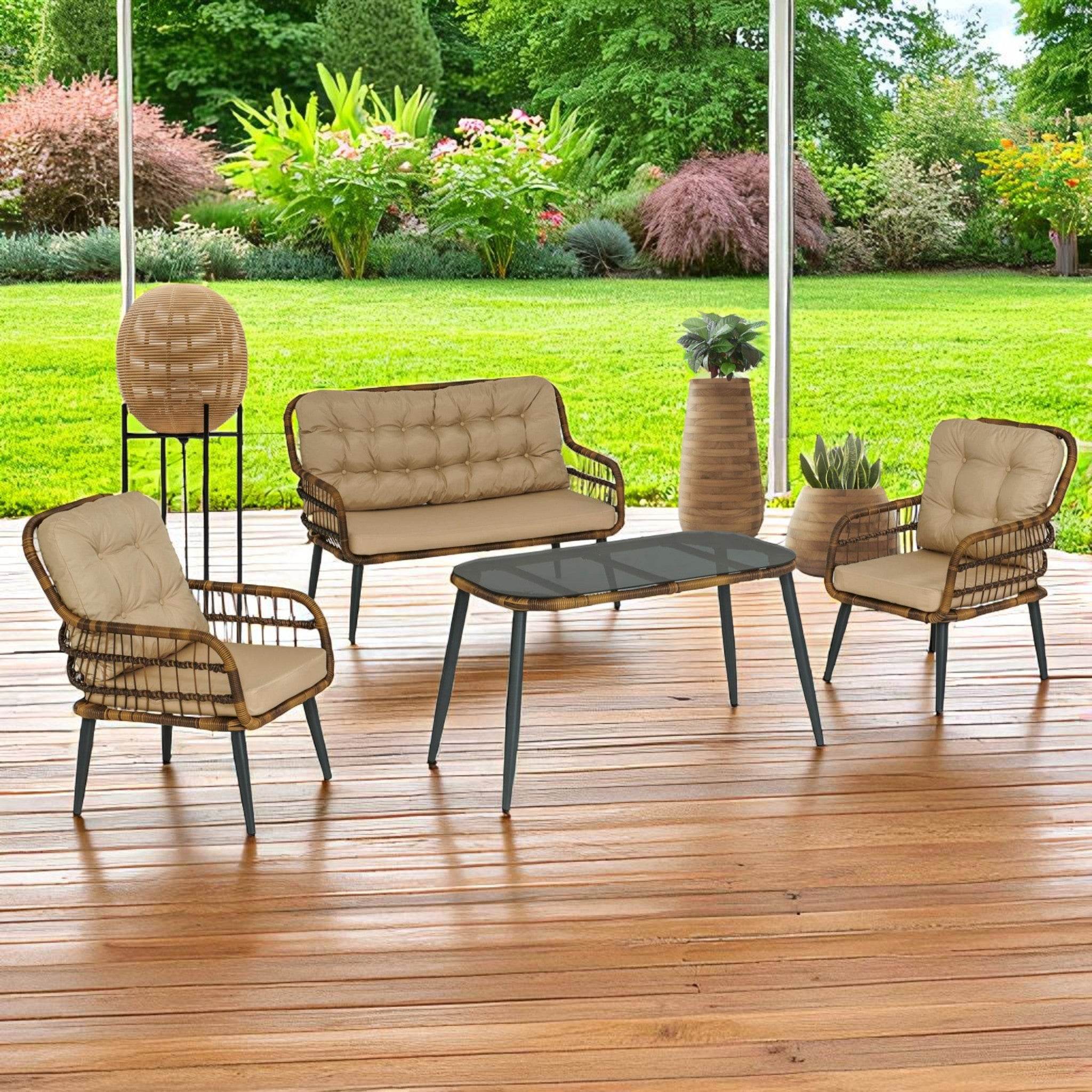 Pisa Double Gartenlounge-Set Rattan Lounge Gartenmöbel Set 4 Personen Bistroset mit Stühle
