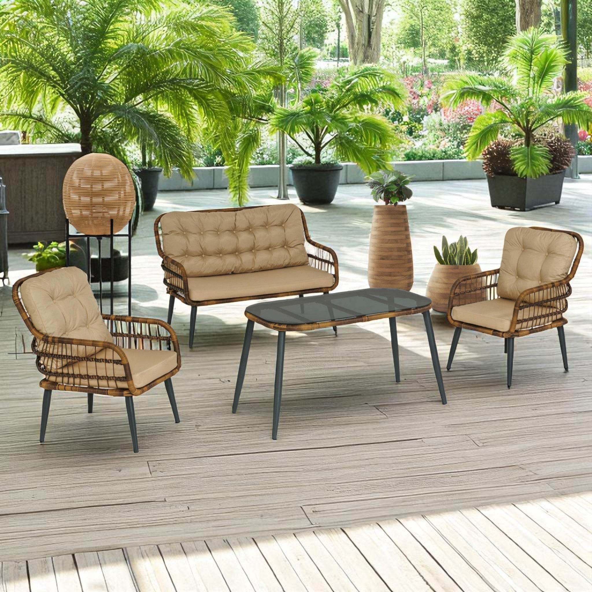 Pisa Double Gartenlounge-Set Rattan Lounge Gartenmöbel Set 4 Personen Bistroset mit Stühle