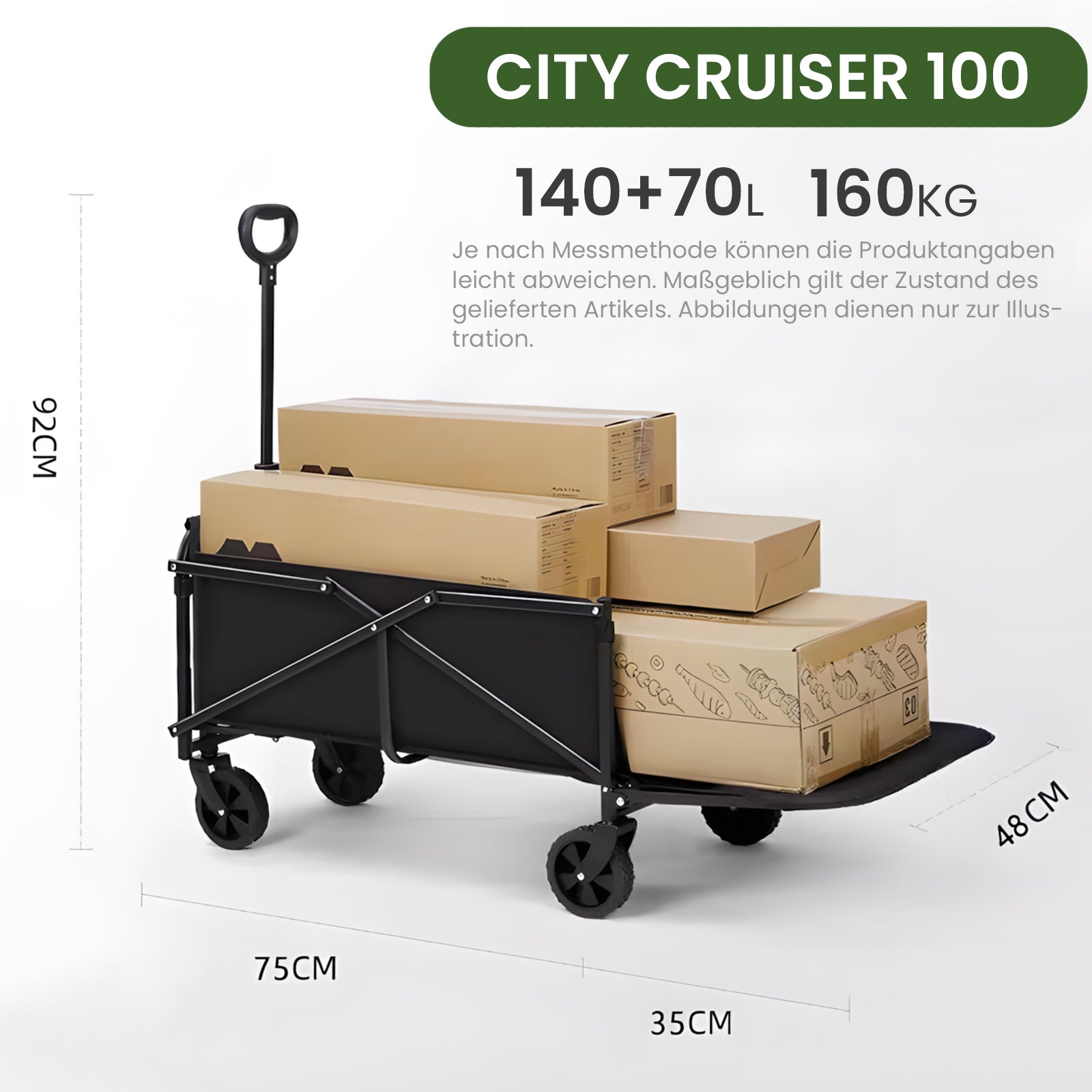 Handwagen Bollerwagen faltbar 210L+ Bis 160KG Strandwagen Klappbar mit Heckklappe Regenschutz,7 cm breite Geländereifen Reflektorstreifen
