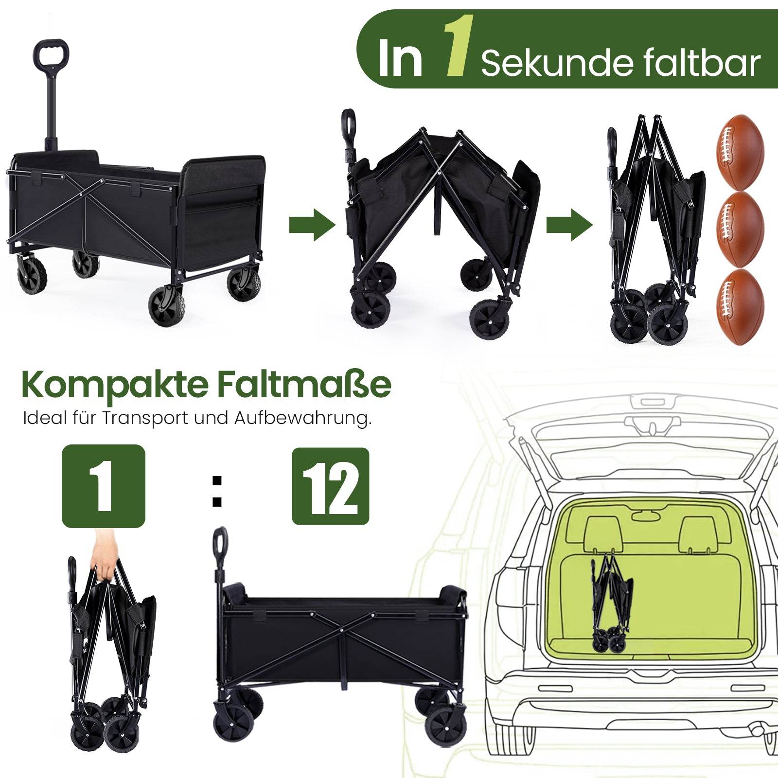 Handwagen Bollerwagen faltbar 210L+ Bis 160KG Strandwagen Klappbar mit Heckklappe Regenschutz,7 cm breite Geländereifen Reflektorstreifen