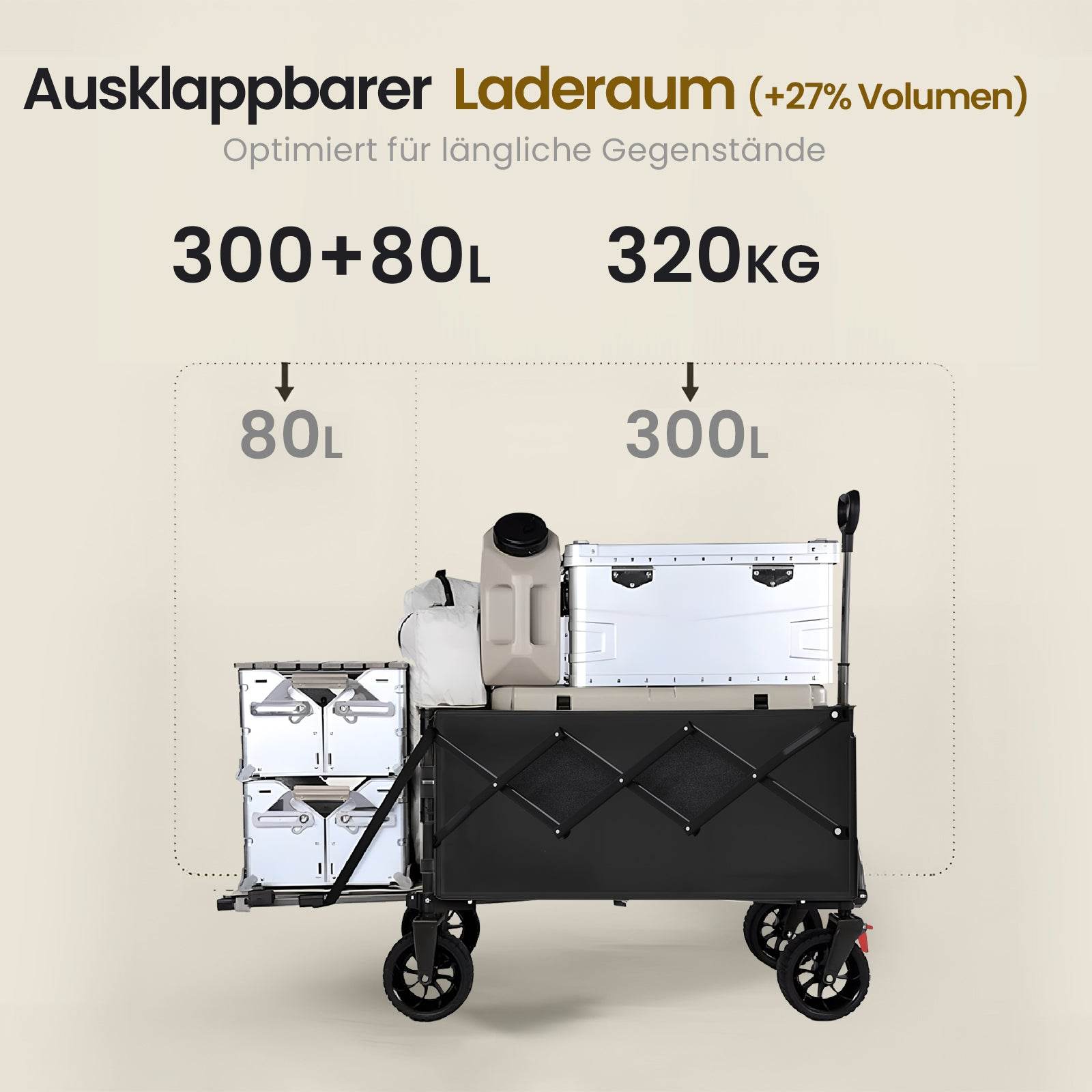 Handwagen Bollerwagen faltbar 380L+ Bis 320KG Strandwagen Klappbar mit Heckklappe Regenschutz,7 cm breite Geländereifen Reflektorstreifen