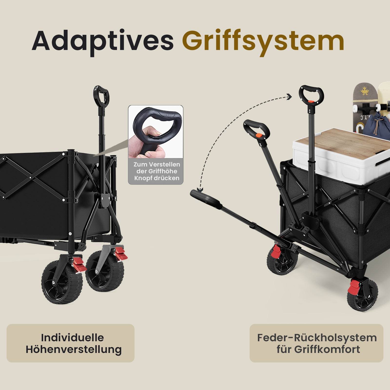 Handwagen Bollerwagen faltbar 380L+ Bis 320KG Strandwagen Klappbar mit Heckklappe Regenschutz,7 cm breite Geländereifen Reflektorstreifen