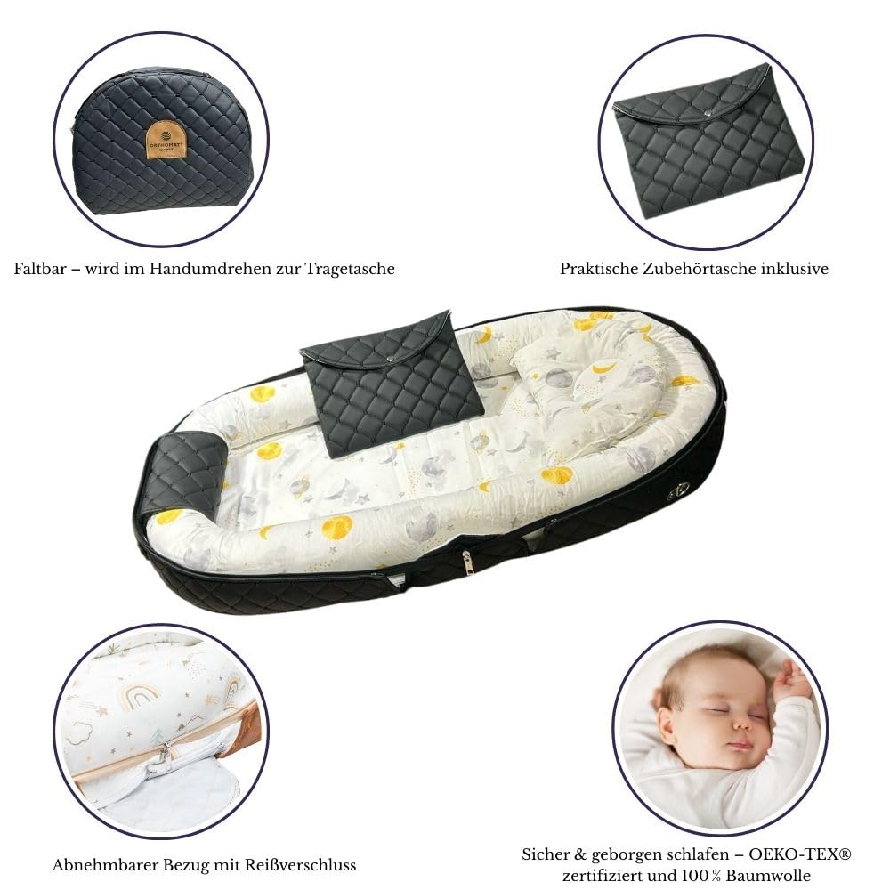 Babynest mit Tasche & Tragegriff | 96x50 cm OEKO-TEX | Waschbares Reisebett für Neugeborene