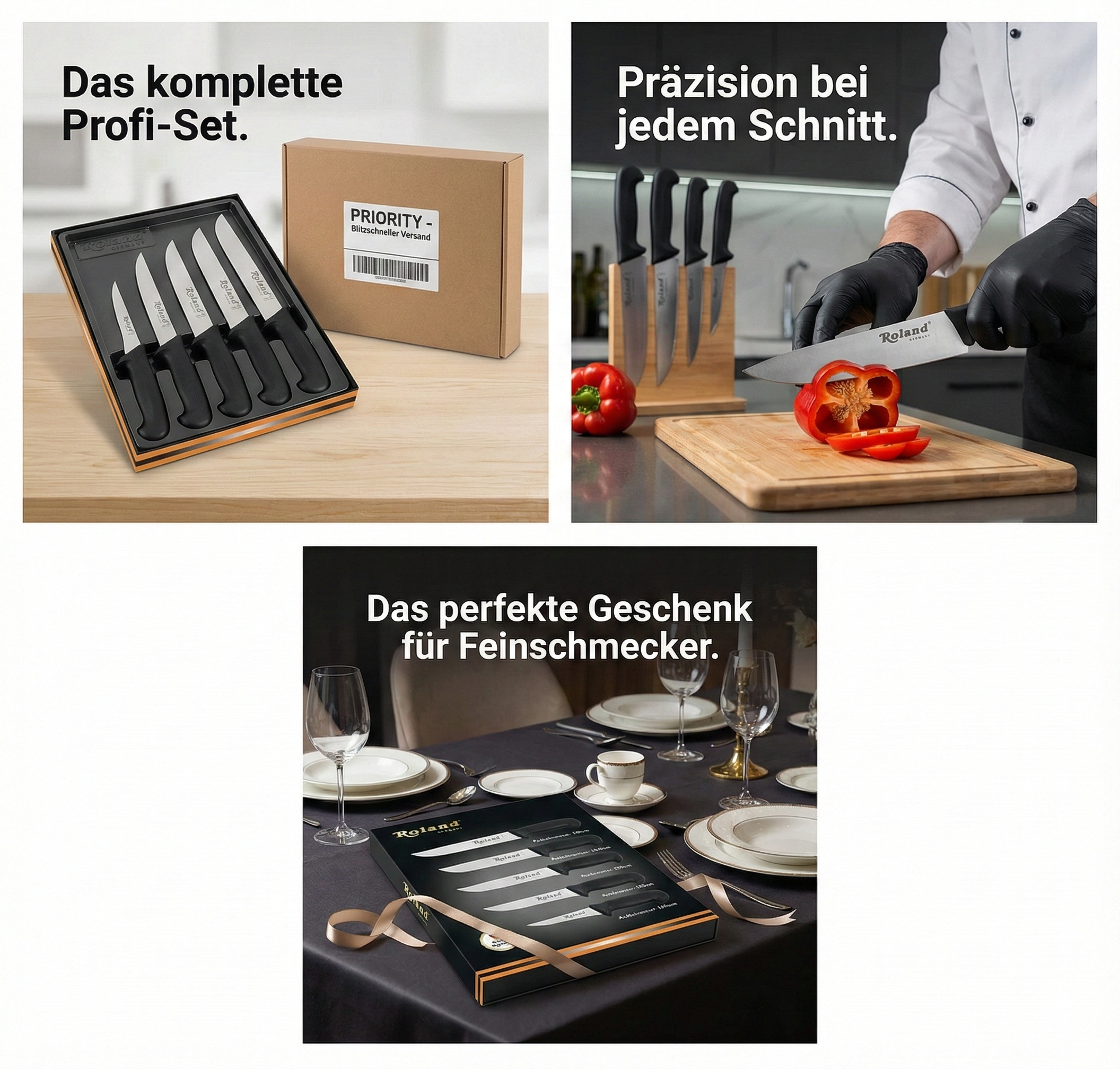 Roland Germany 5-teiliges Edelstahl Küchenmesser-Set – Schwarz, Profi Messer Set
