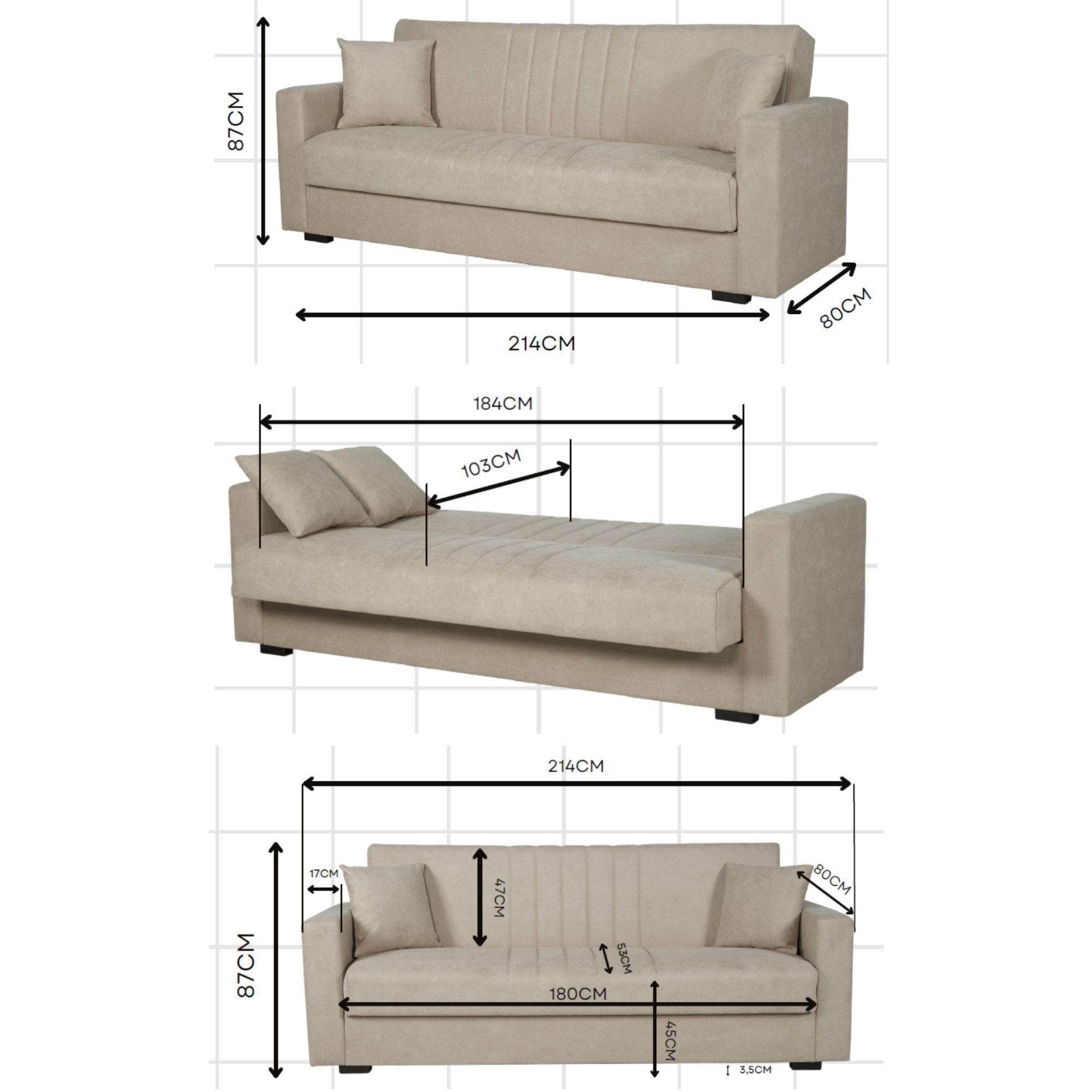 Limos 3-Sitzer Schlafsofa mit Bettkasten & Schlaffunktion – 184 cm
