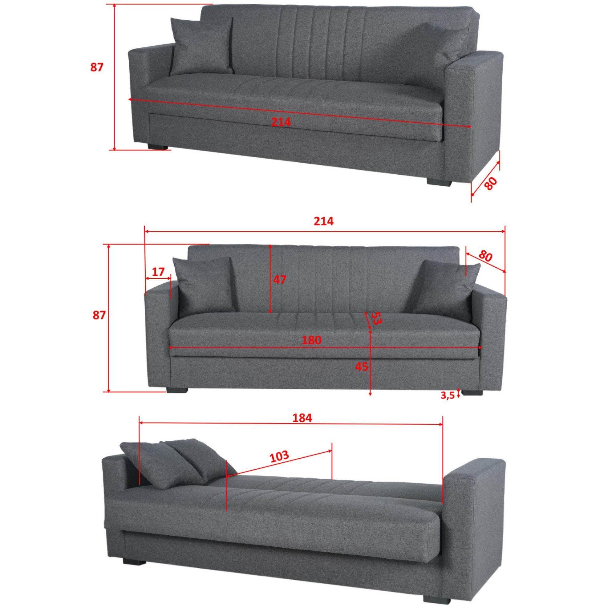 Limos 3-Sitzer Schlafsofa mit Bettkasten & Schlaffunktion – 184 cm