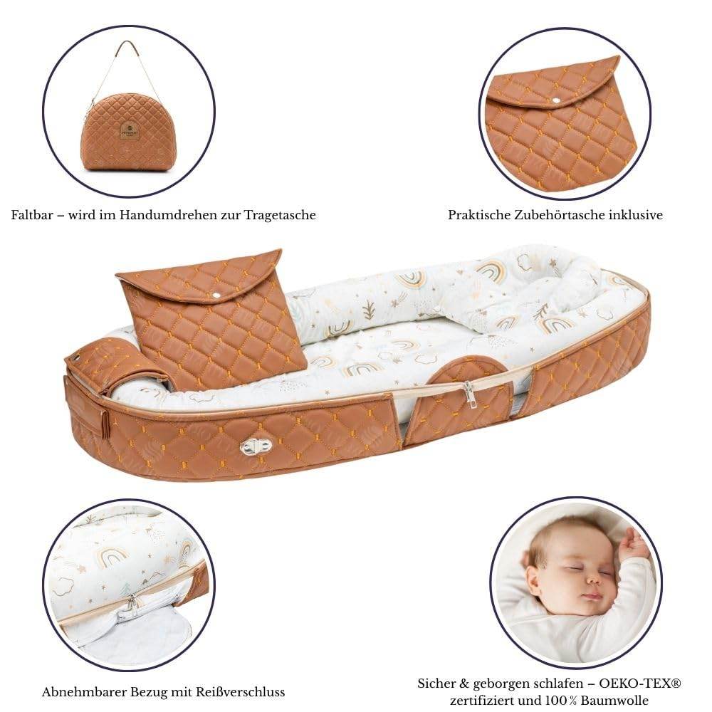 Gowoll Tragbares Babynest mit Tasche & Tragegriff | 96x50 cm OEKO-TEX Baumwolle | Waschbar | Reisebett für Neugeborene
