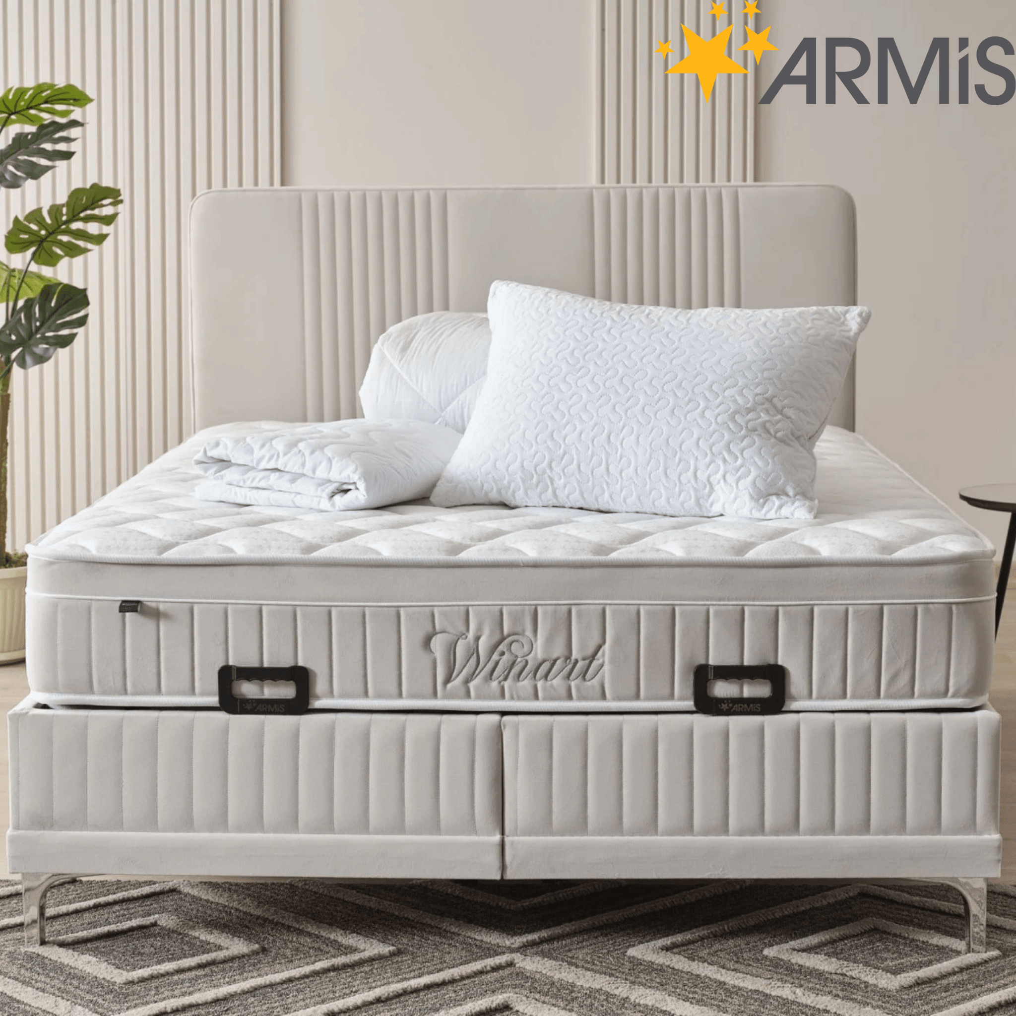 Boxspringbett mit Stauraum & Gasdruckfeder | Armis Winart Komfortbett mit Topper | 90–180x200 cm